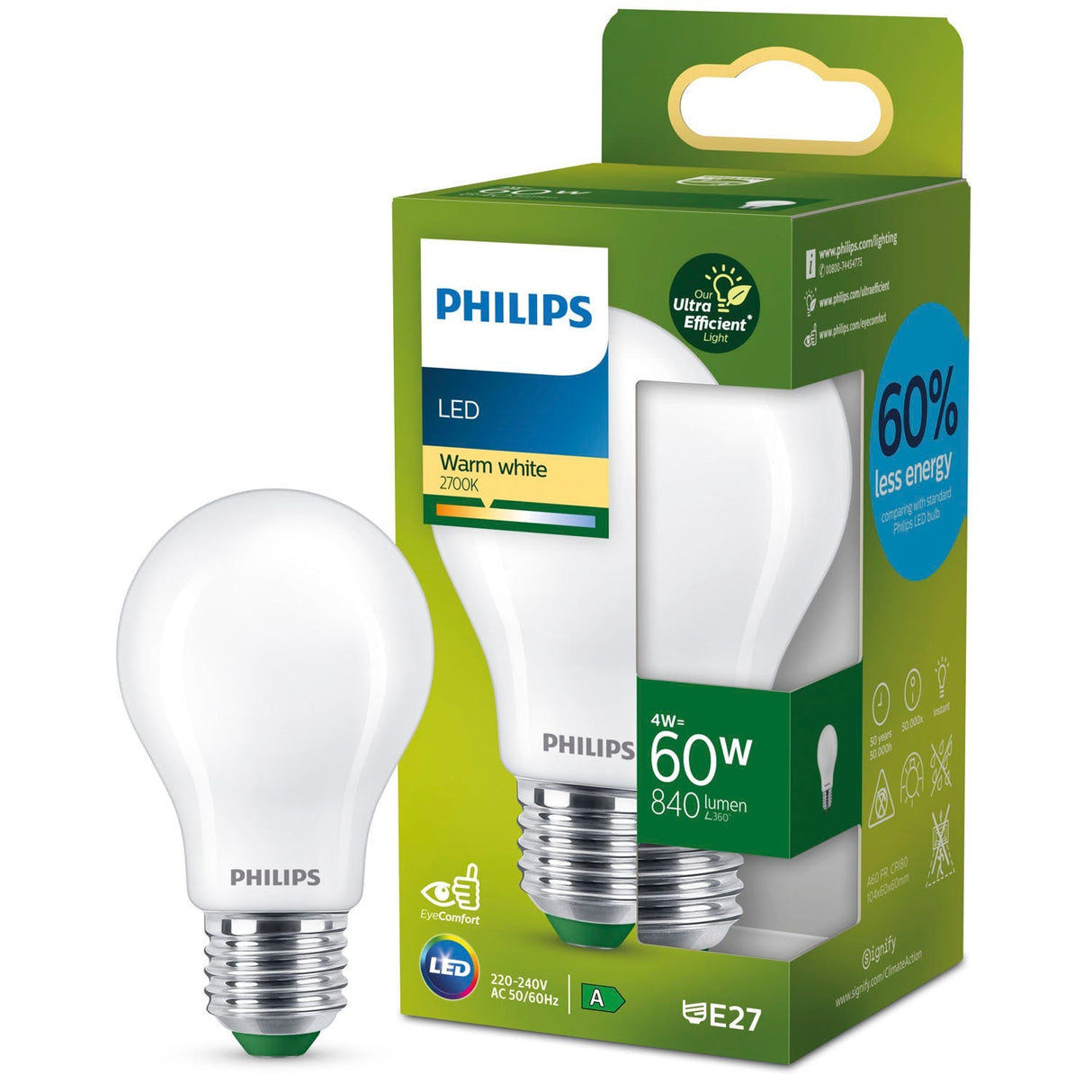 Philips Led E27 Normal 4W (60W) Frostad 840Lm 2700K Energiklass A