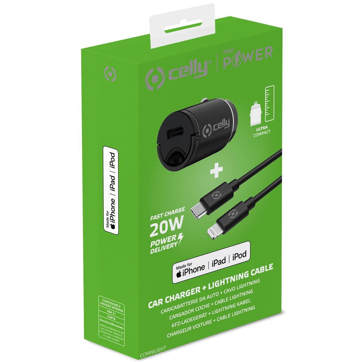 Celly Billaddare Mini USB-C PD 20W + USB-C till Lightning-kabel
