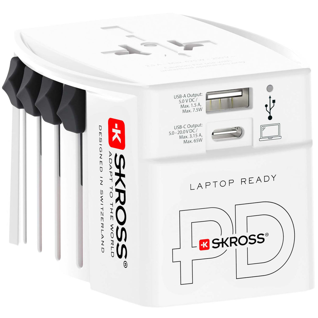 SKROSS Världsreseadapter MUV USB AC65PD – USB-A + USB-C PD 65W Ojordad