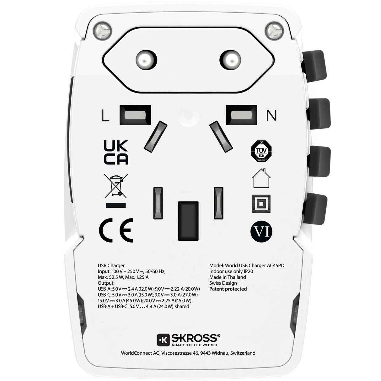 SKROSS Världsreseadapter PRO Light USB AC45PD World PD 45W Jordad