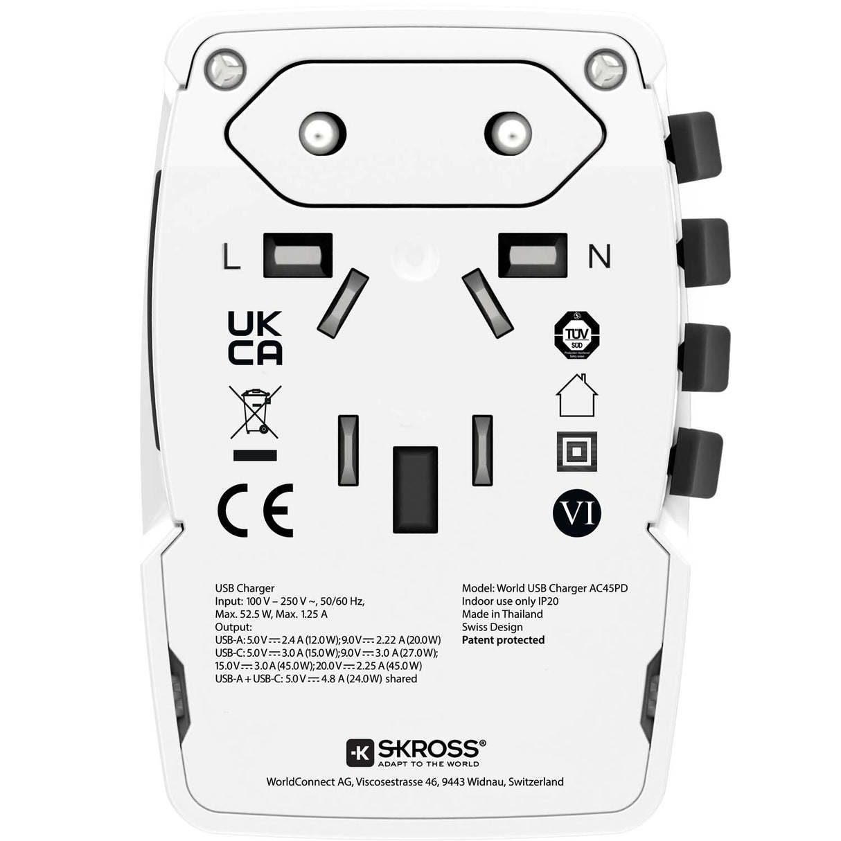SKROSS Världsreseladdare AC45PD USB-A+USB-C PD 45W Ojordad