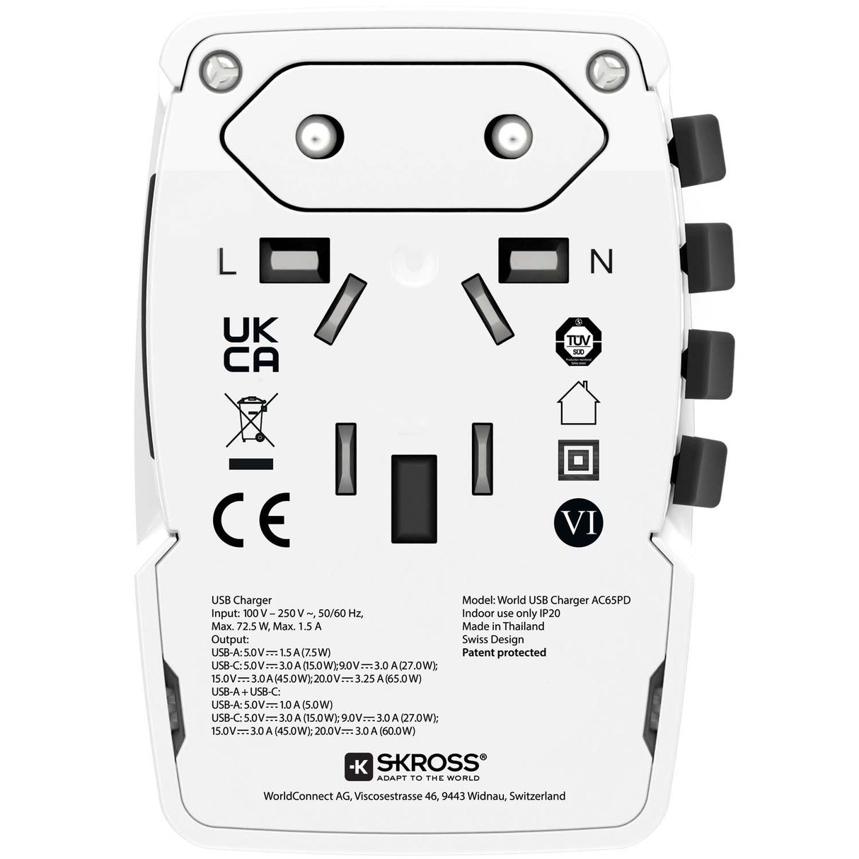 SKROSS Världsreseladdare AC65PD World USB-A+USB-C PD 65W Jordad
