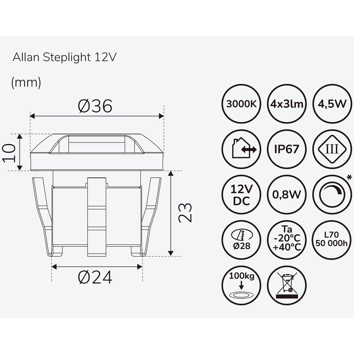 Llitt Allan Steplight kit 4-pack inkl strömadapter 12V 3000K 5lm IP67