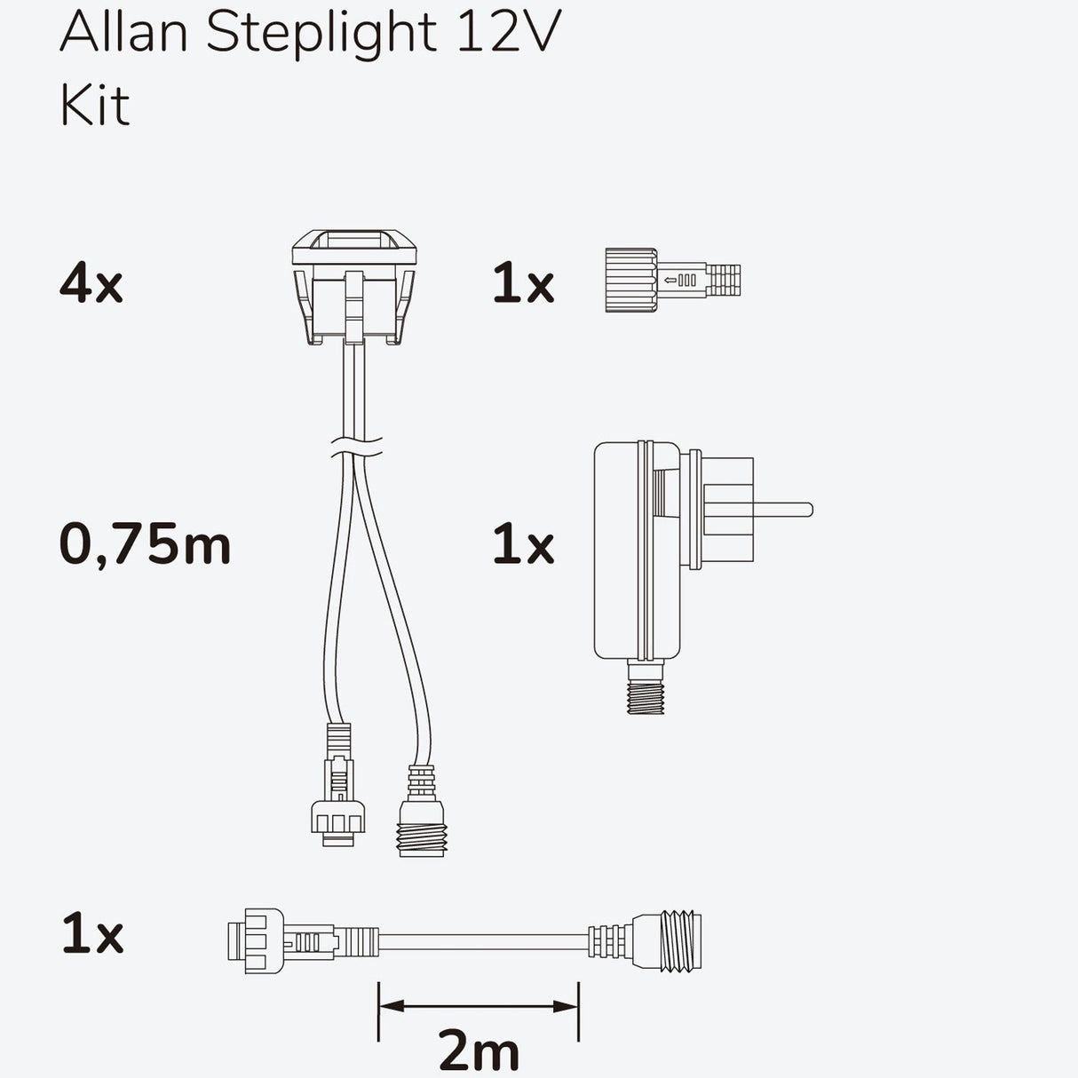 Llitt Allan Steplight kit 4-pack inkl strömadapter 12V 3000K 5lm IP67