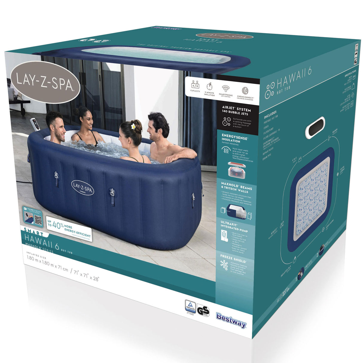 Bestway Lay-Z-Spa Hawaii EnergySense AirJet 6 Blå 1.80mx1.80mx71cm