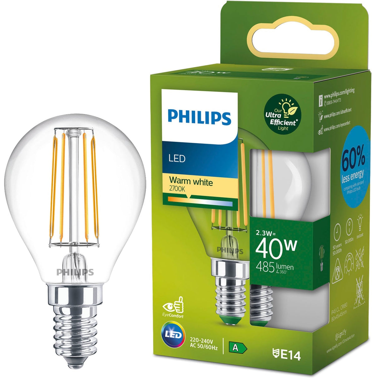 Philips Led E14 Klot P45 2,3W (40W) Klar 485Lm 2700K Energiklass A