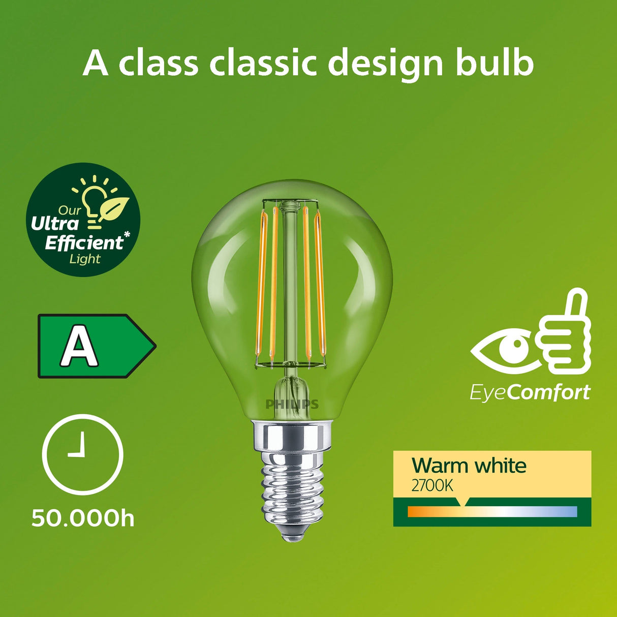 Philips Led E14 Klot P45 2,3W (40W) Klar 485Lm 2700K Energiklass A