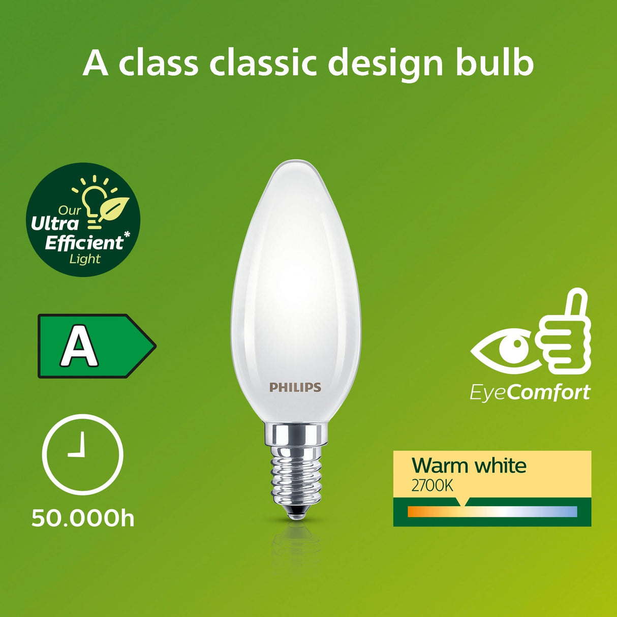 Philips Led E14 Kron B35 2,3W (40W) Frostad 485Lm 2700K Energiklass A