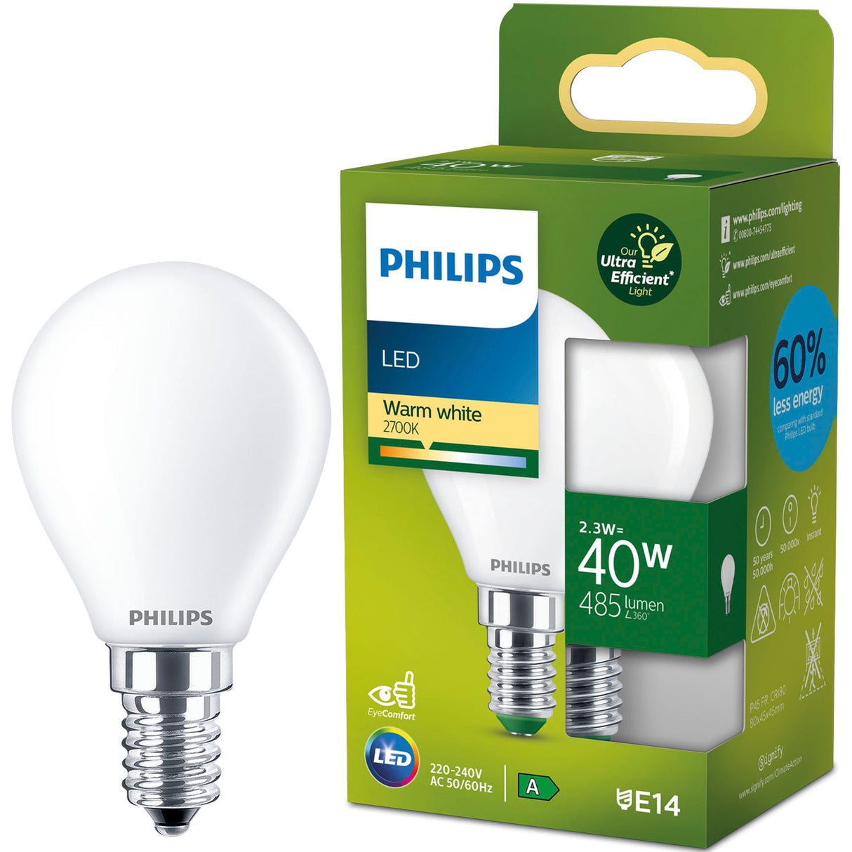 Philips Led E14 Klot P45 2,3W (40W) Frostad 485Lm 2700K Energiklass A