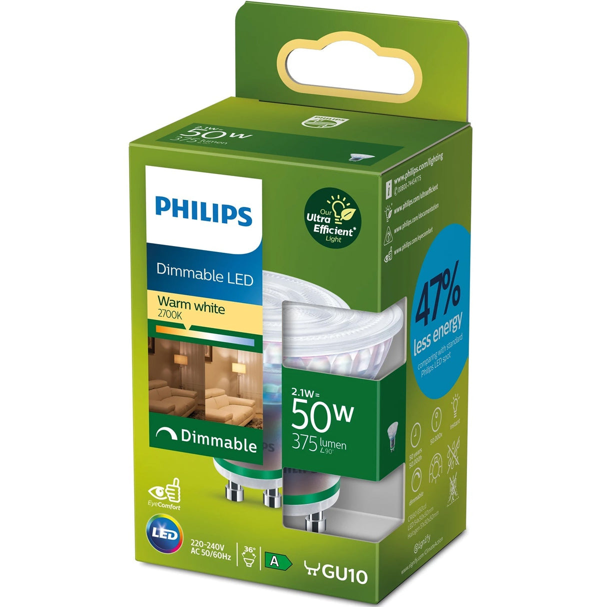 Philips Led Gu10 2,1W (50W) 375Lm Dimbar 2700K Energiklass A