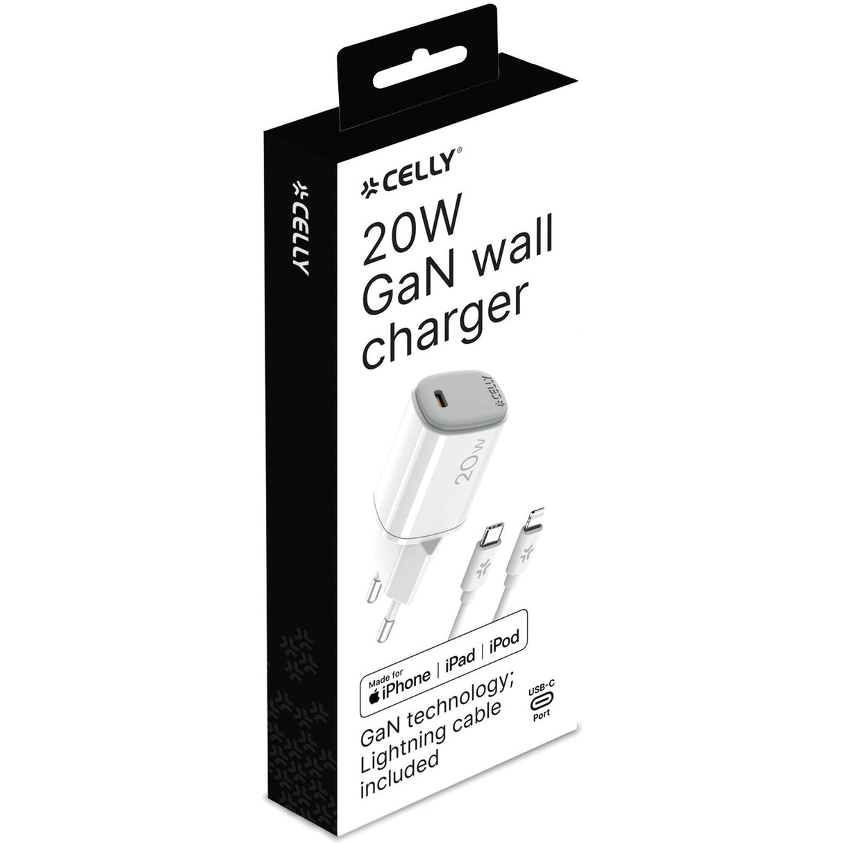 Celly USB-laddare GaN 1 x USB-C PD 20W + Lightning-kabel