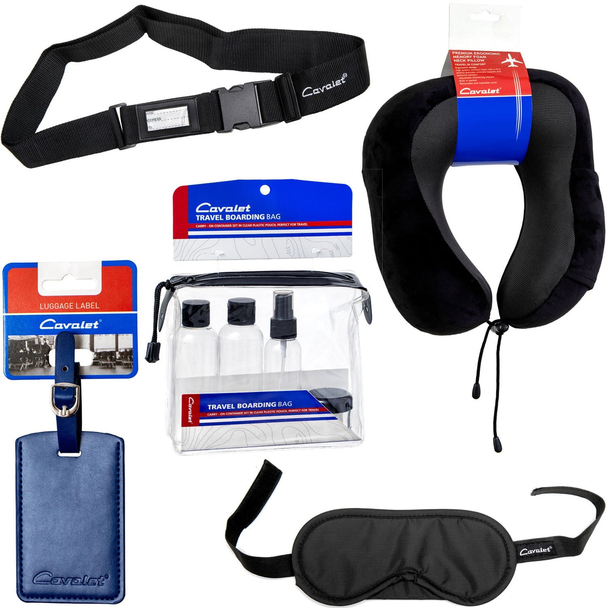 Cavalet Resekit 5 (Nackkudde, Reseflaskor, Bagagetag Blå, Bagagerem, Sovmask)