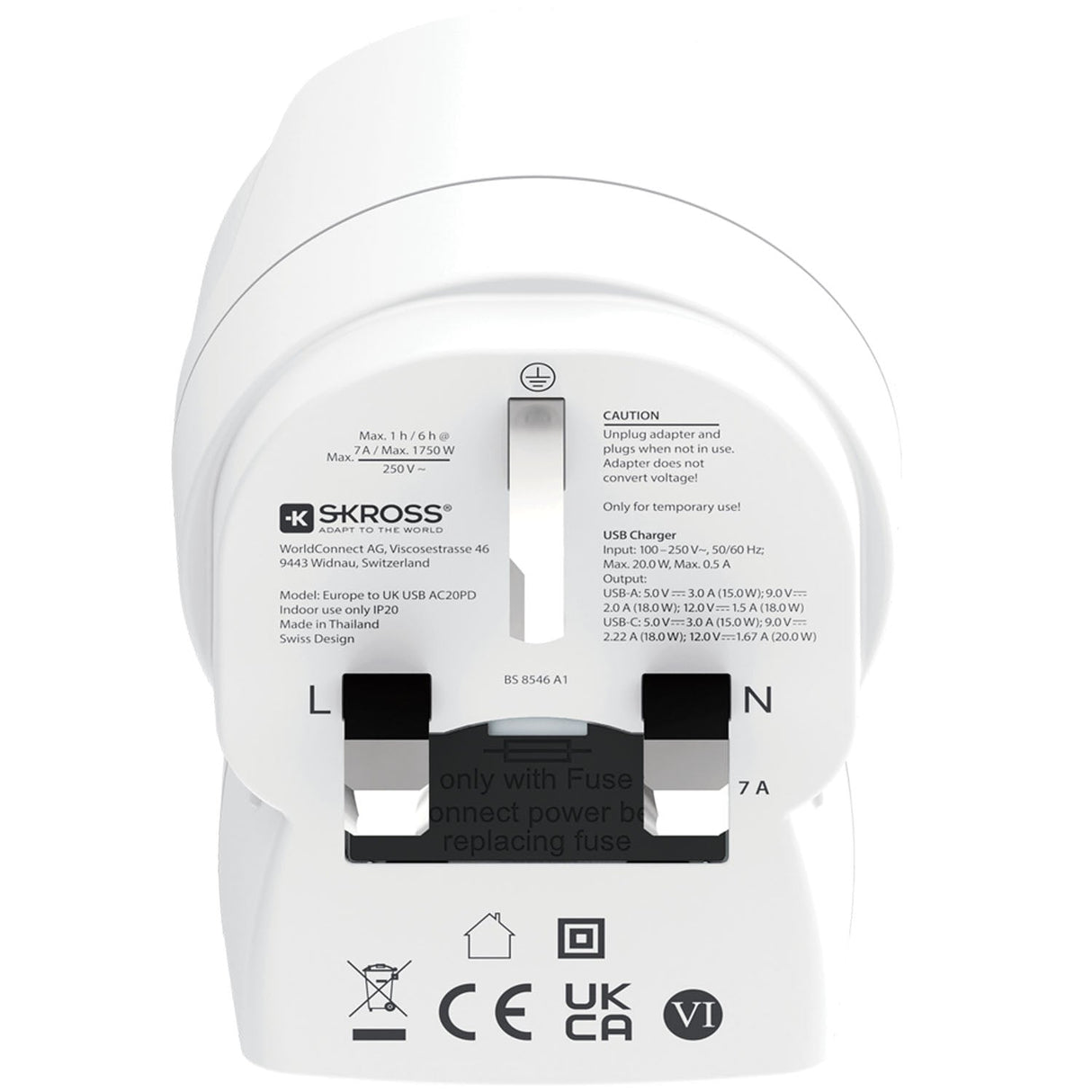 Skross Reseadapter Europa Till Uk M.Fl. Usb-A/Usb-C 20W Pd Jordad