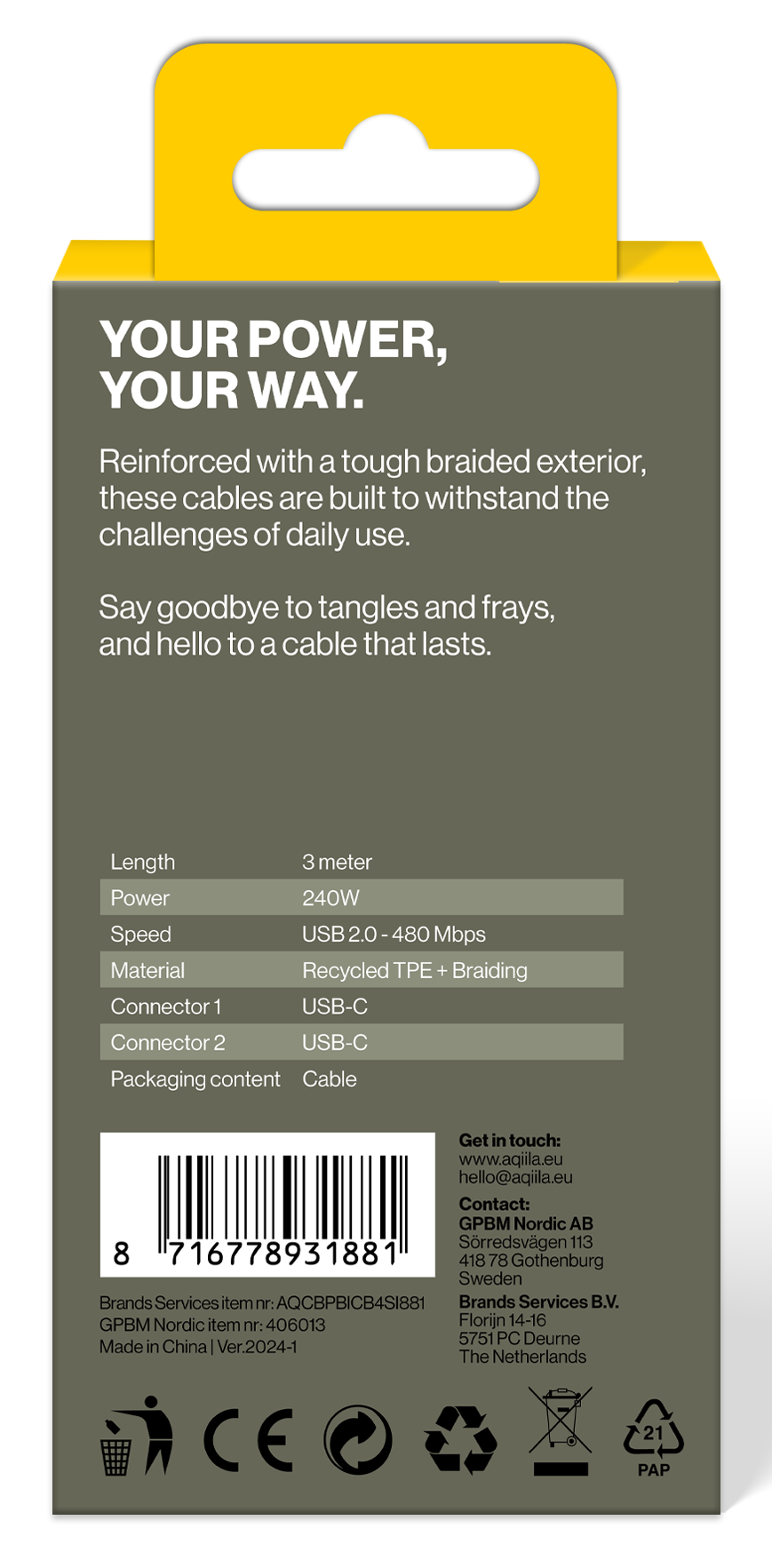 Aqiila Braided USB-C/USB-C 2.0 240W 3m