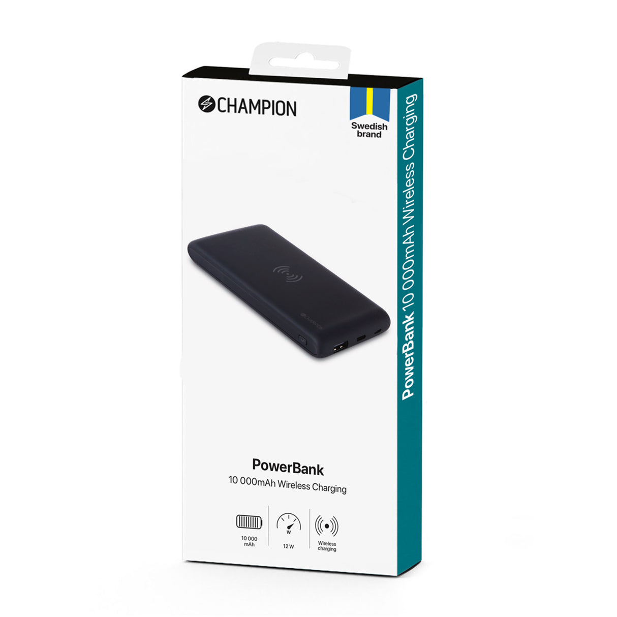 Champion PowerBank 10.000 mAh 12W + Wireless Charging - Svart